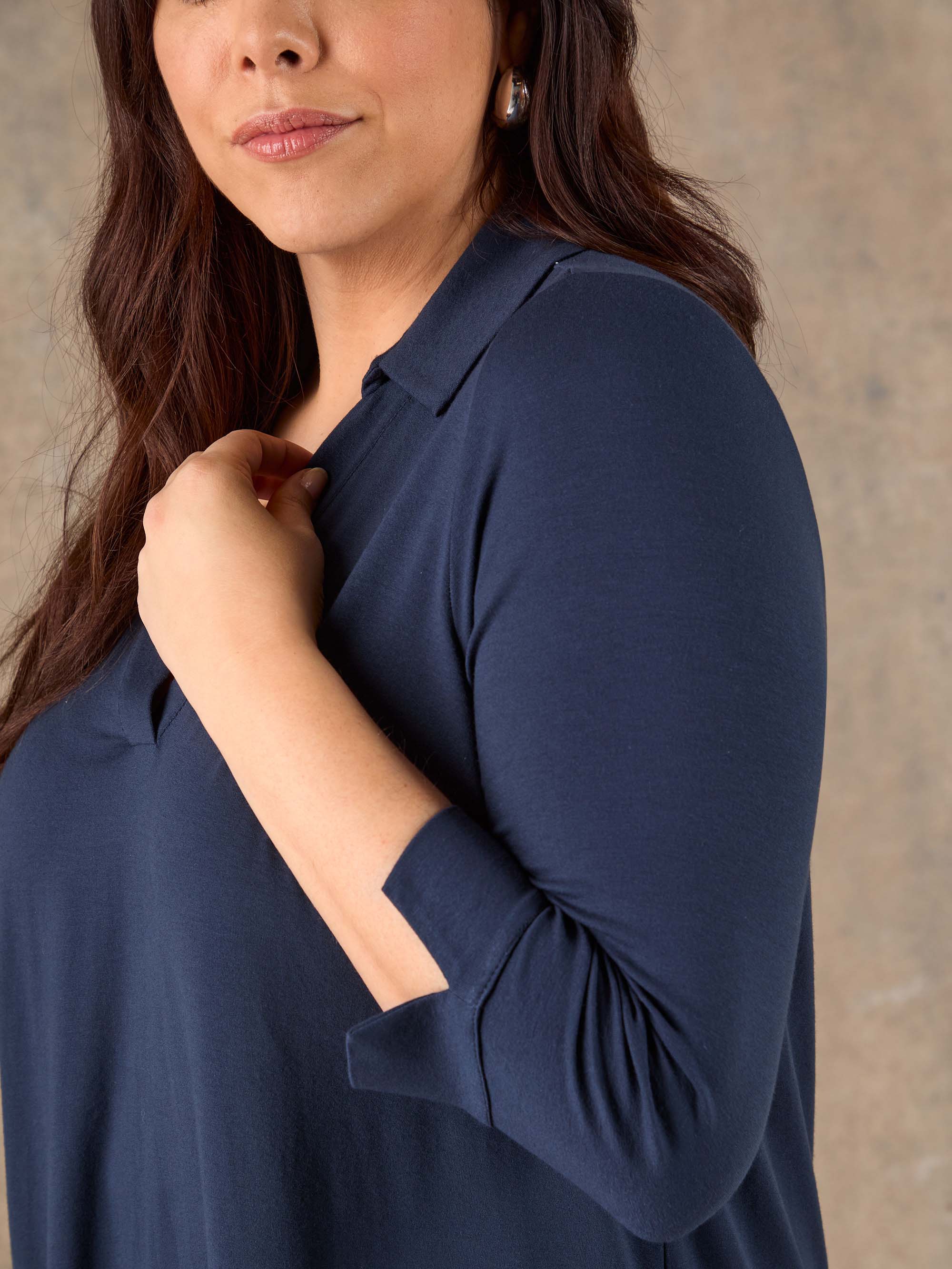 Navy longline jersey top with collar and easy fit shape