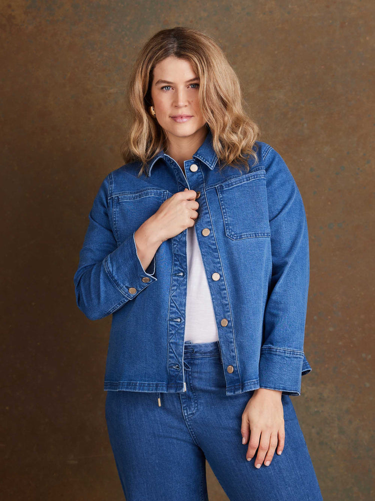 Plus size blue denim jacket with collar neckline and button-up front