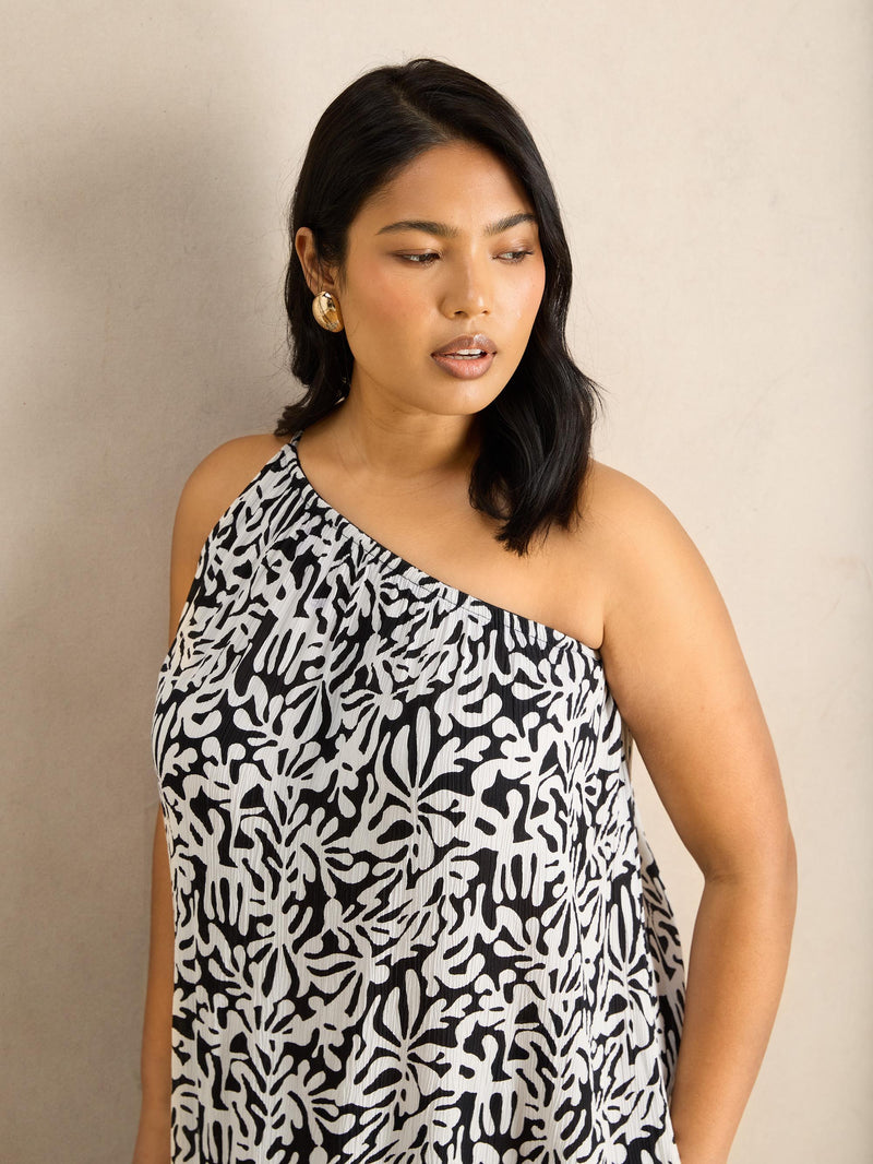 Mono Print One Shoulder Crinkle Maxi Dress