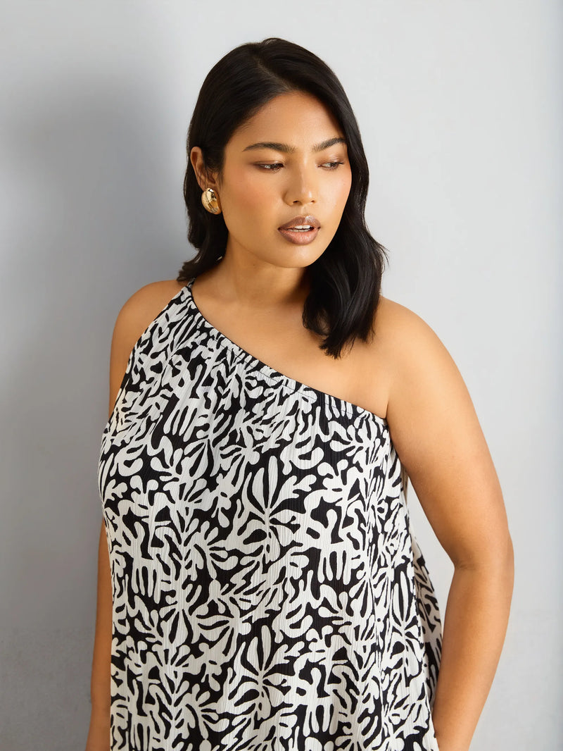 Mono Print One Shoulder Crinkle Maxi Dress