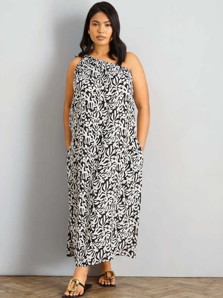 Mono Print One Shoulder Crinkle Maxi Dress