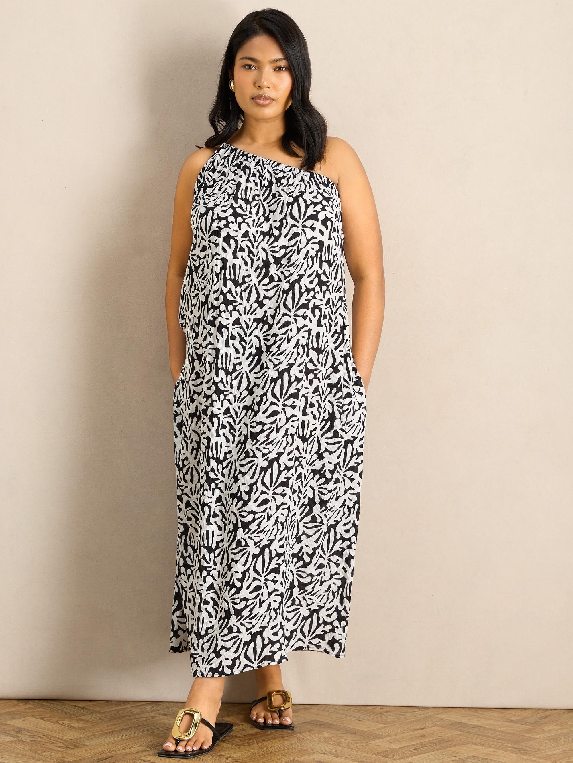 Mono Print One Shoulder Crinkle Maxi Dress