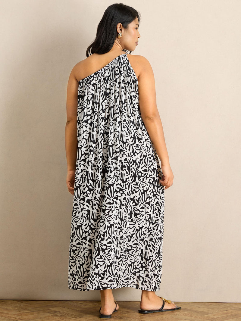 Mono Print One Shoulder Crinkle Maxi Dress
