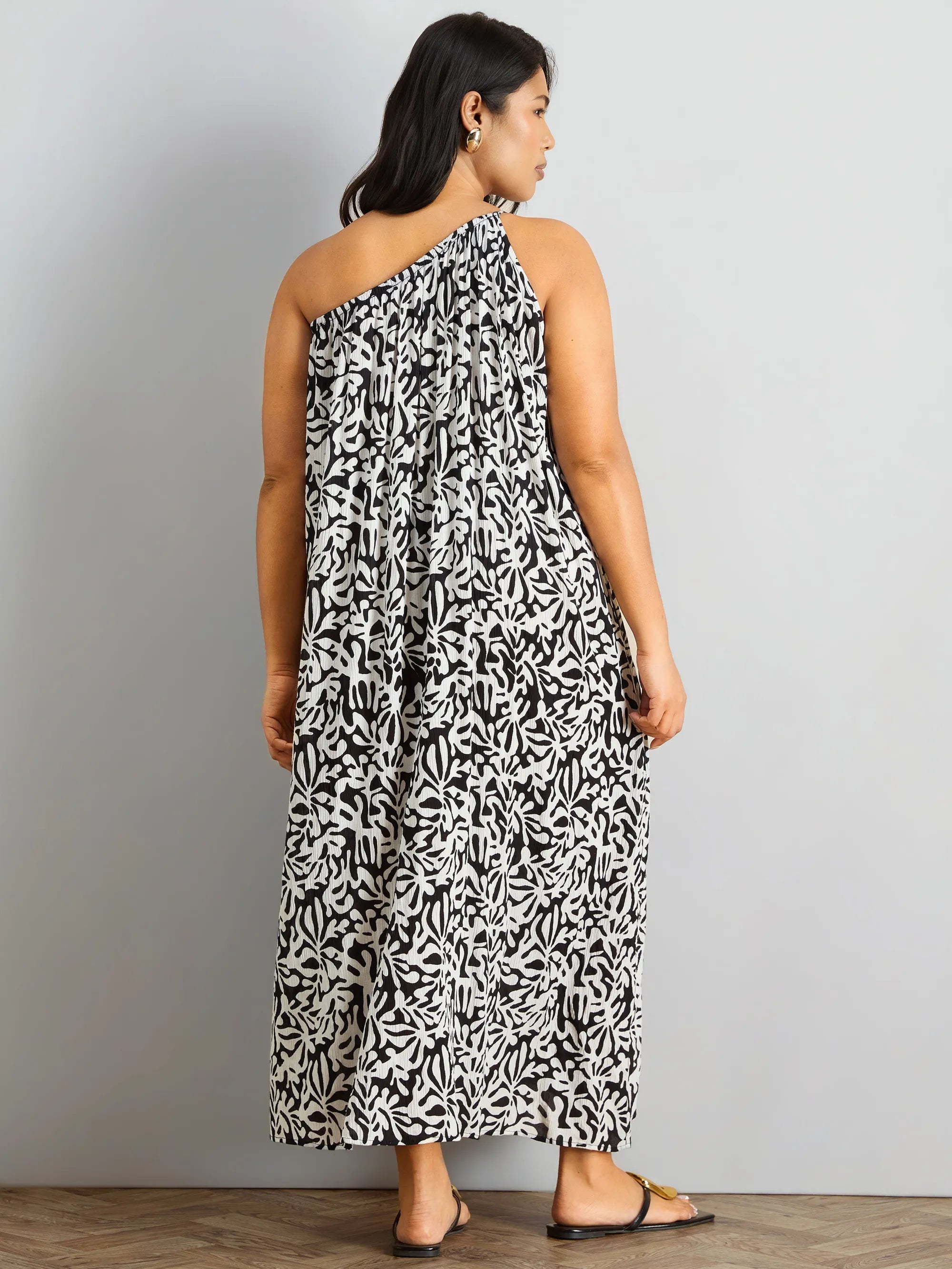 Mono Print One Shoulder Crinkle Maxi Dress