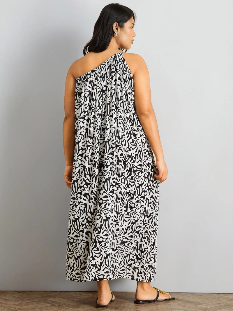 Mono Print One Shoulder Crinkle Maxi Dress