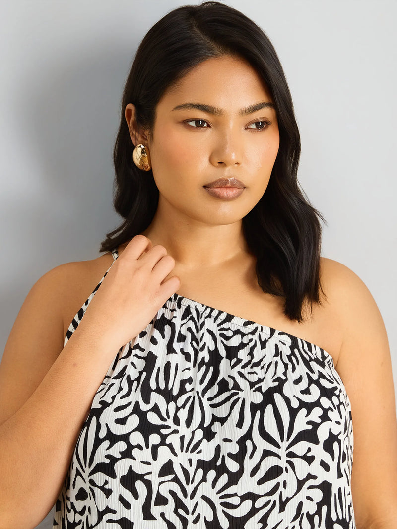 Mono Print One Shoulder Crinkle Maxi Dress
