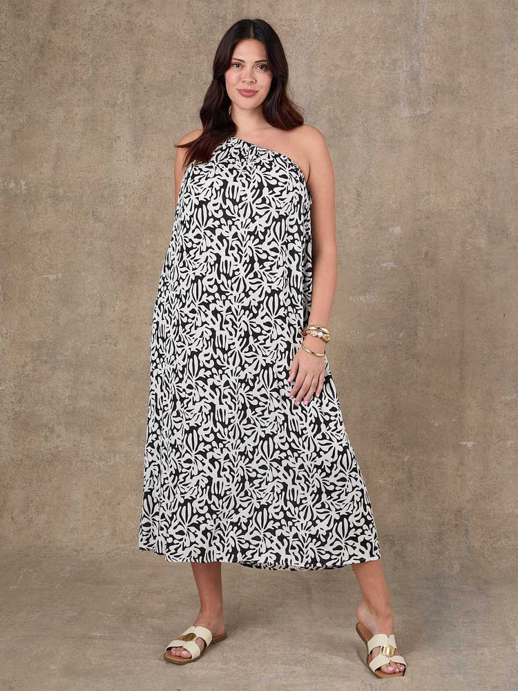 Mono Print One Shoulder Crinkle Maxi Dress