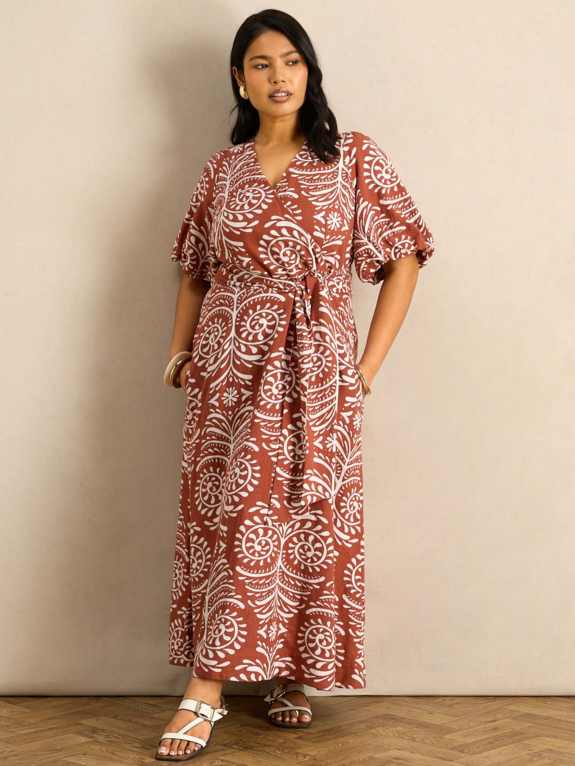 Terracotta Print Linen Puff Sleeve Dress