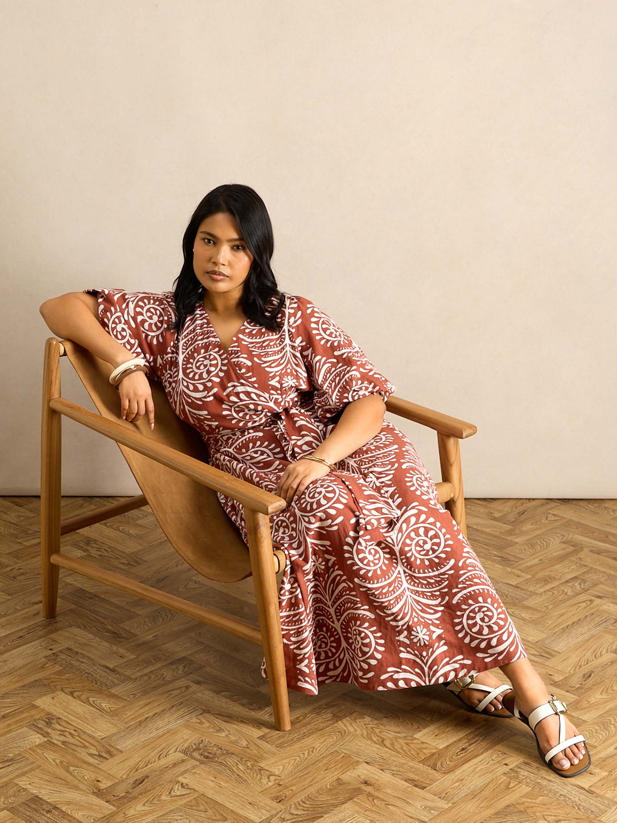 Terracotta Print Linen Puff Sleeve Dress