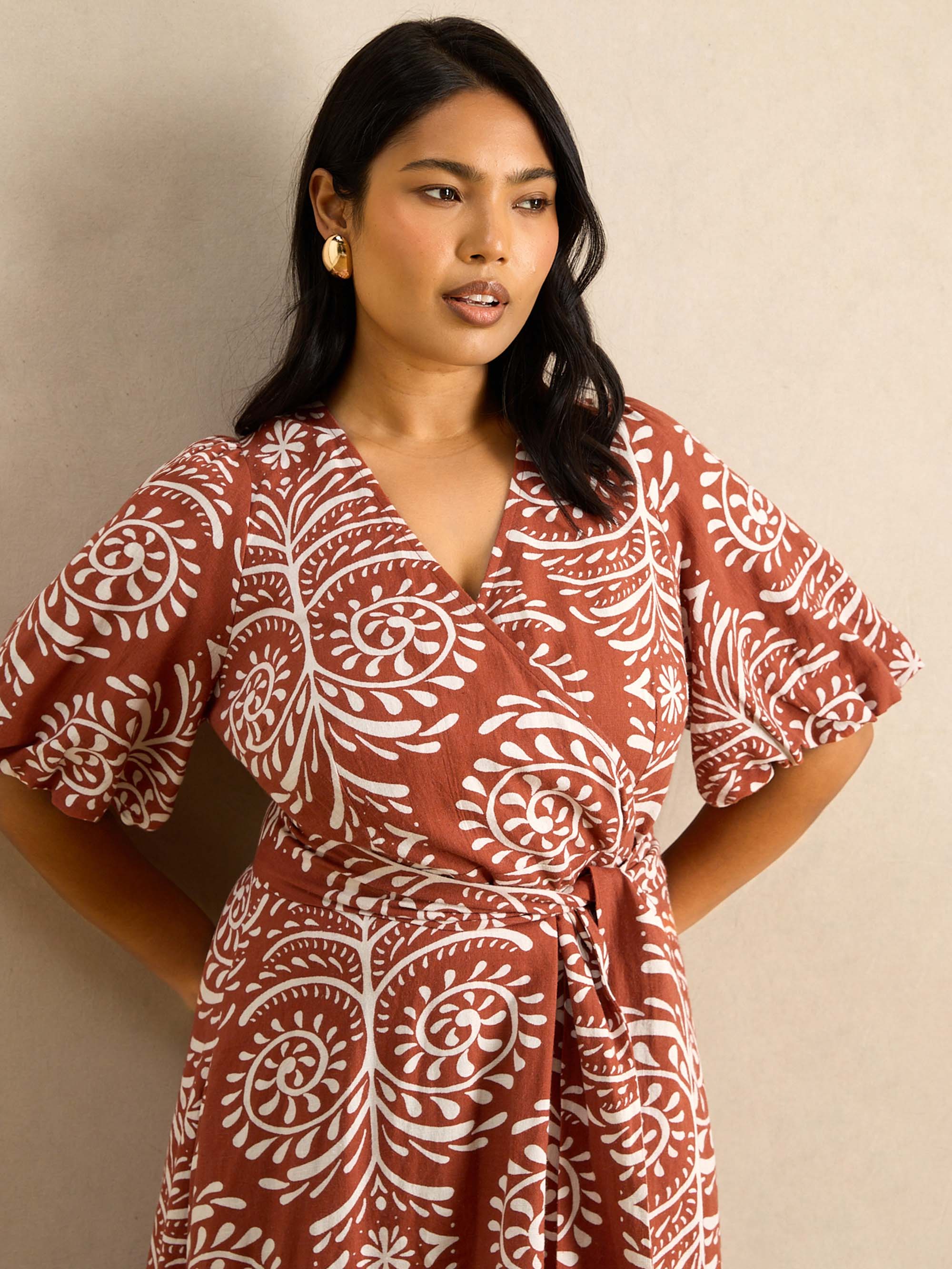 Terracotta Print Linen Puff Sleeve Dress