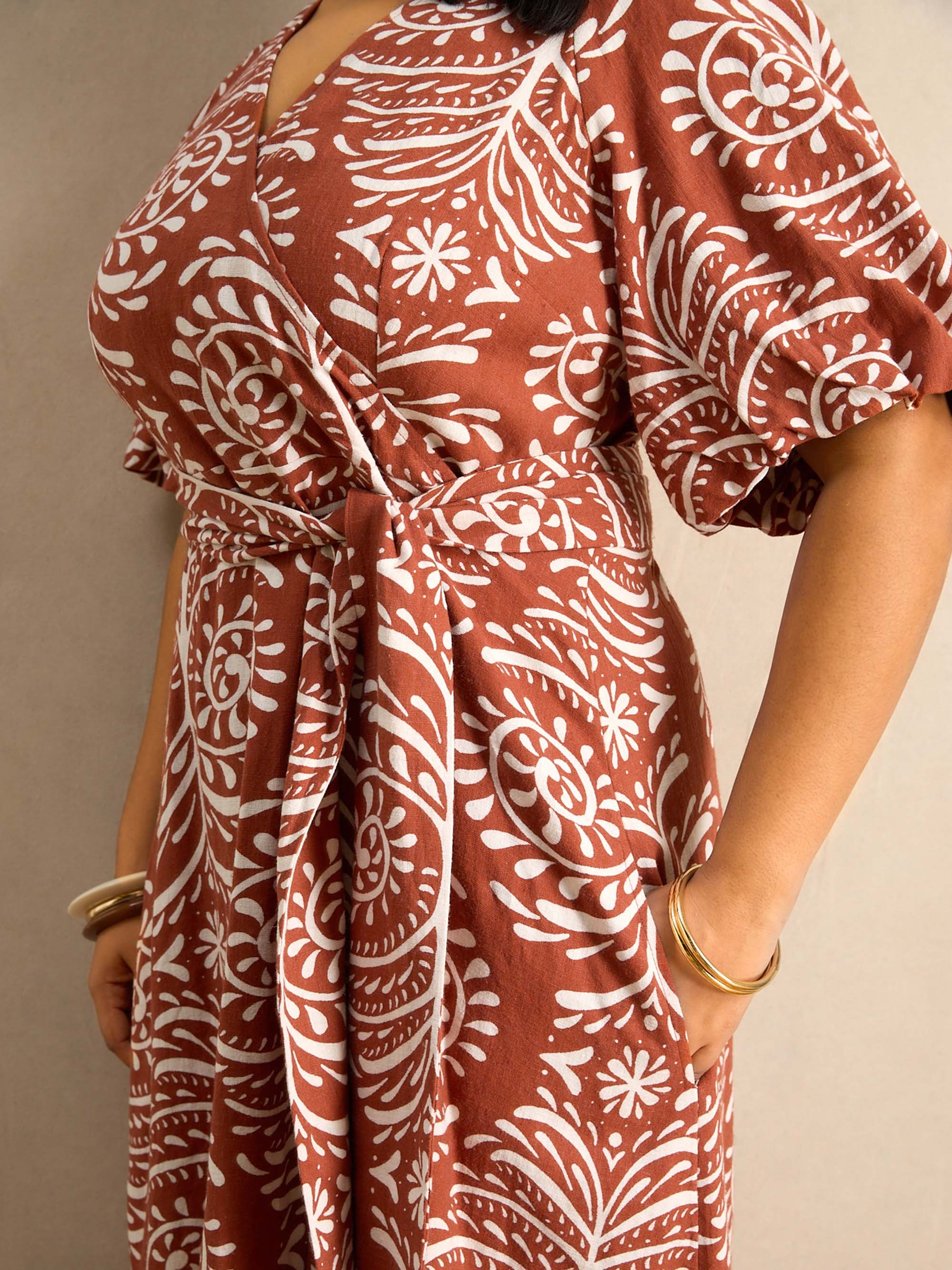 Terracotta Print Linen Puff Sleeve Dress
