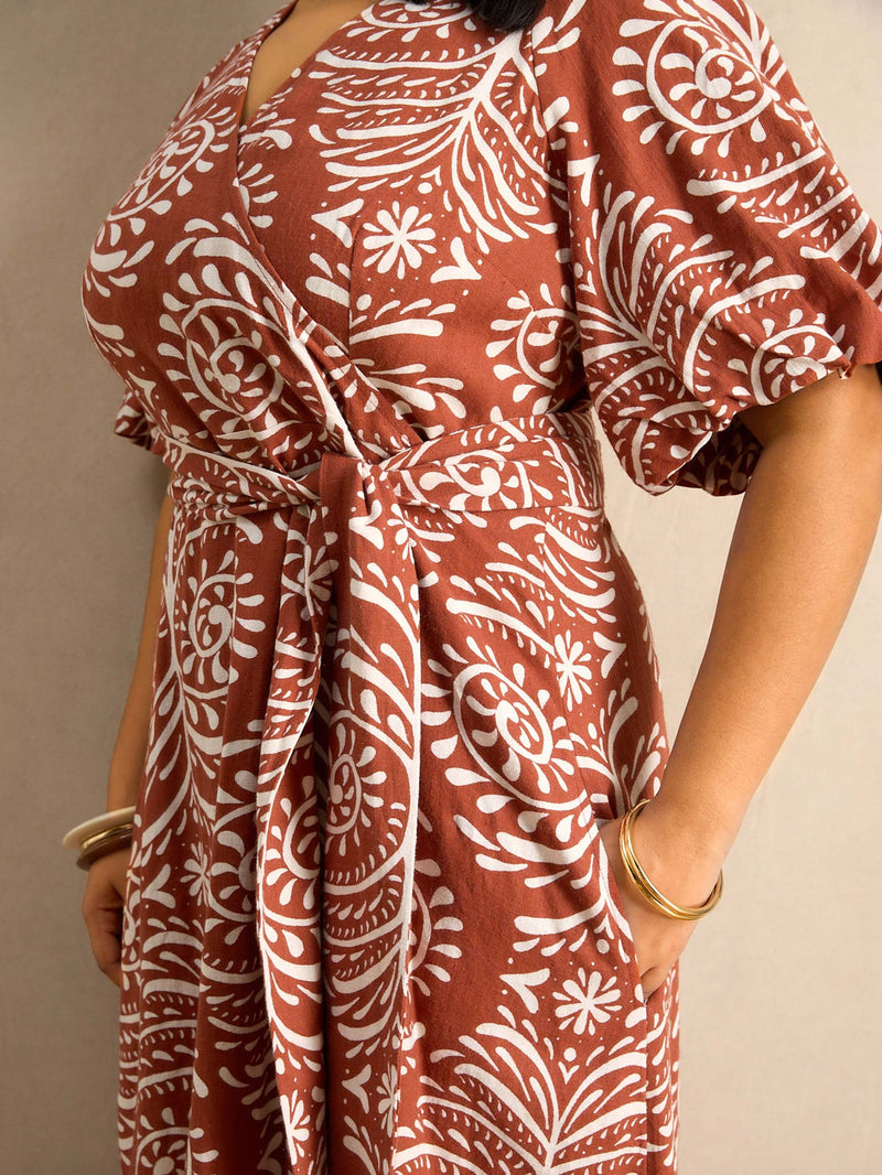Terracotta Print Linen Puff Sleeve Dress
