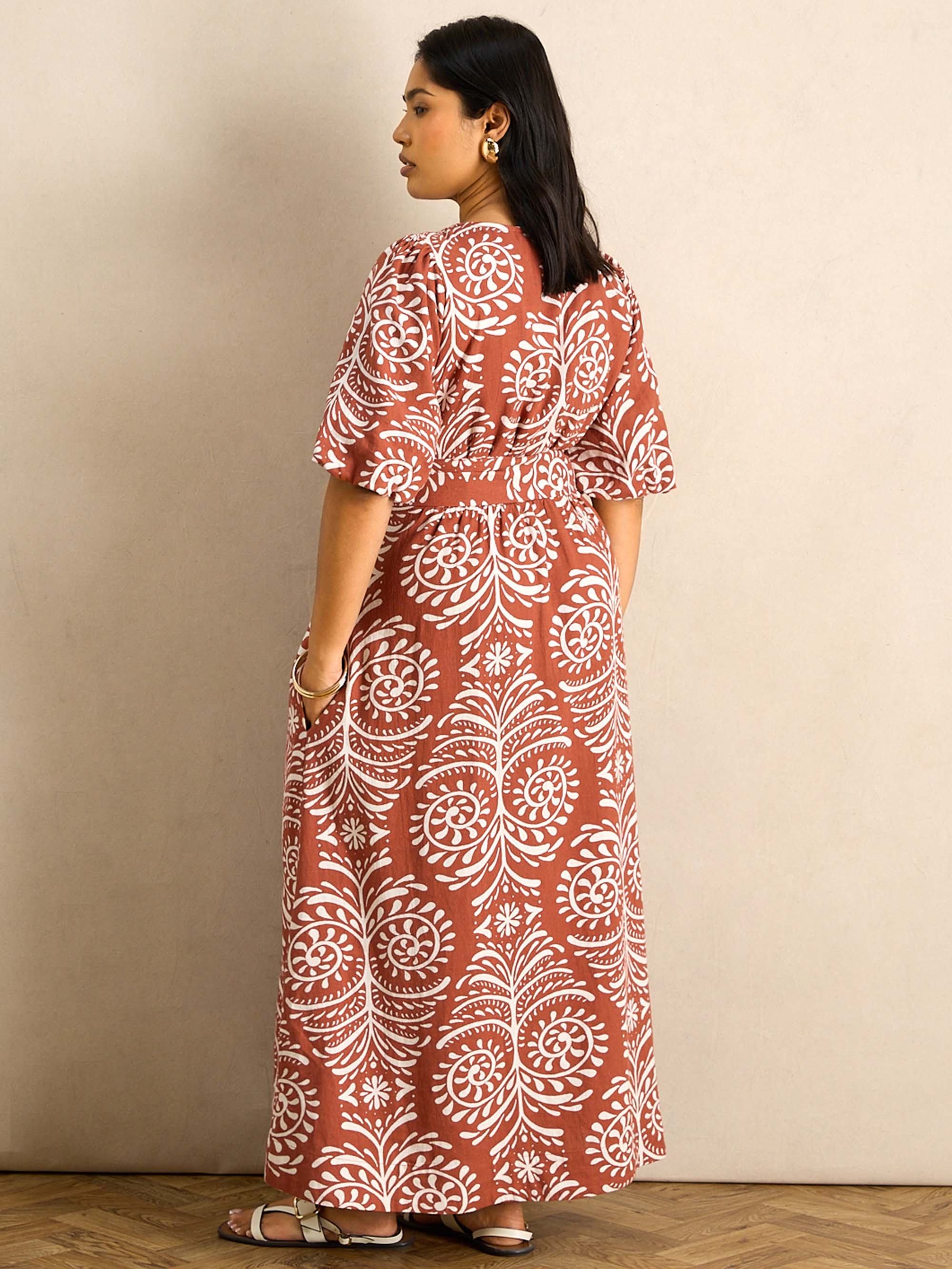 Terracotta Print Linen Puff Sleeve Dress