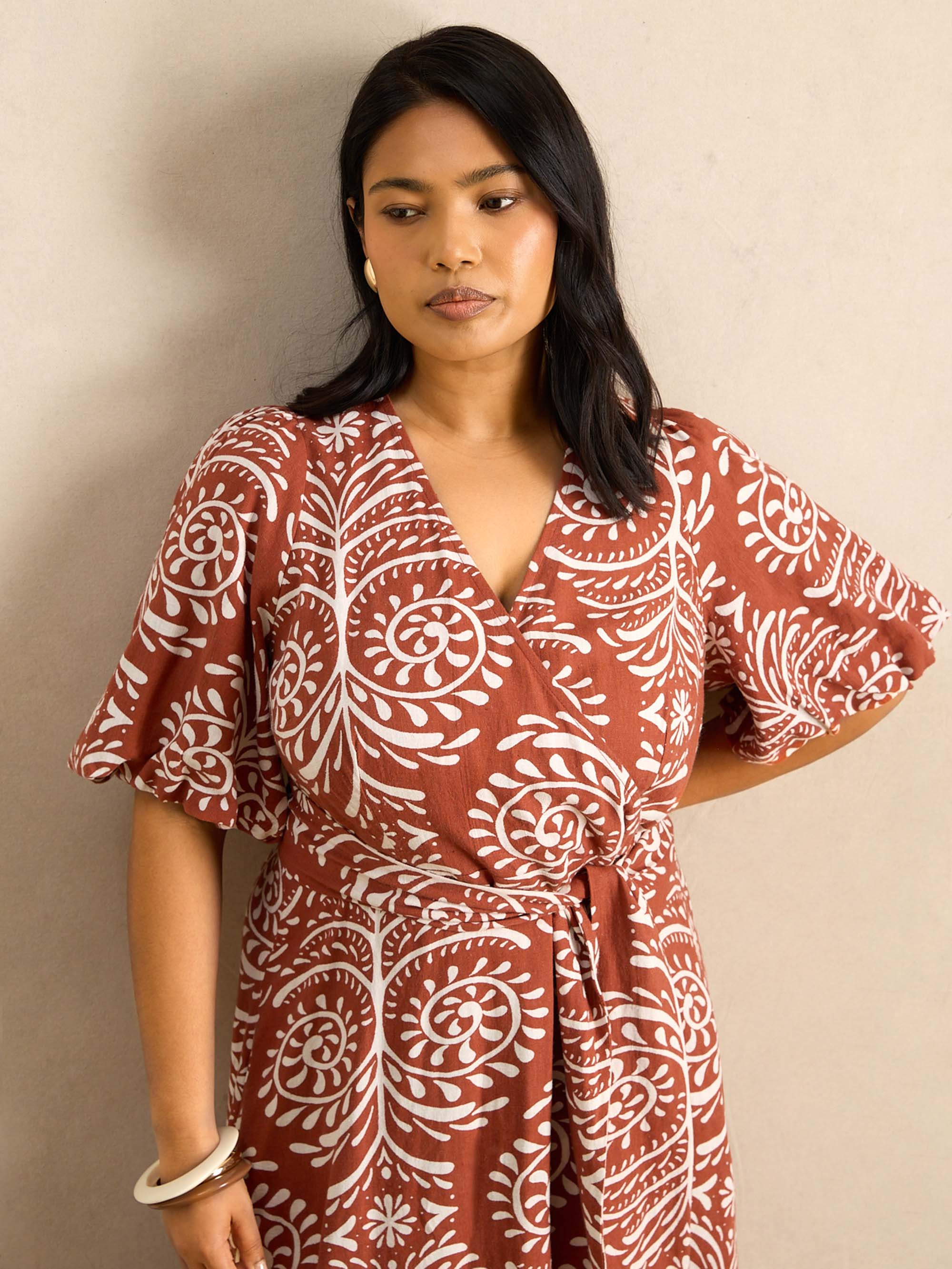 Terracotta Print Linen Puff Sleeve Dress