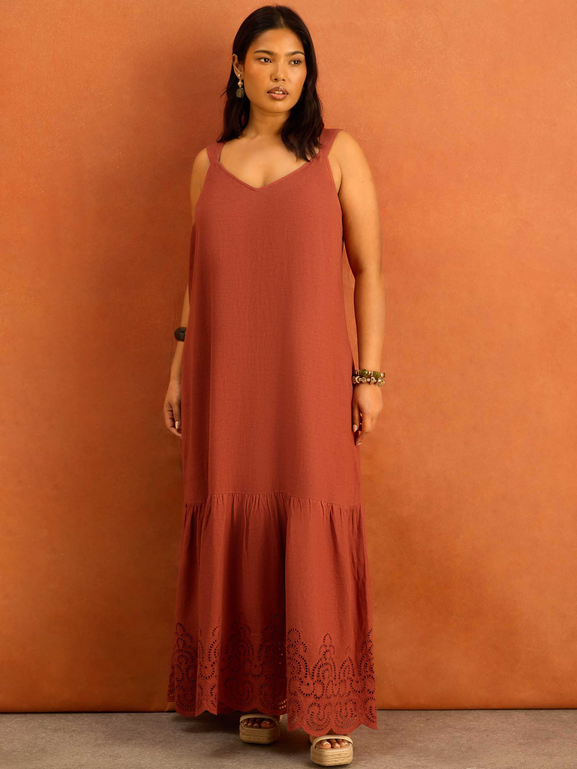 Terracotta Linen Blend Broderie Maxi Dress