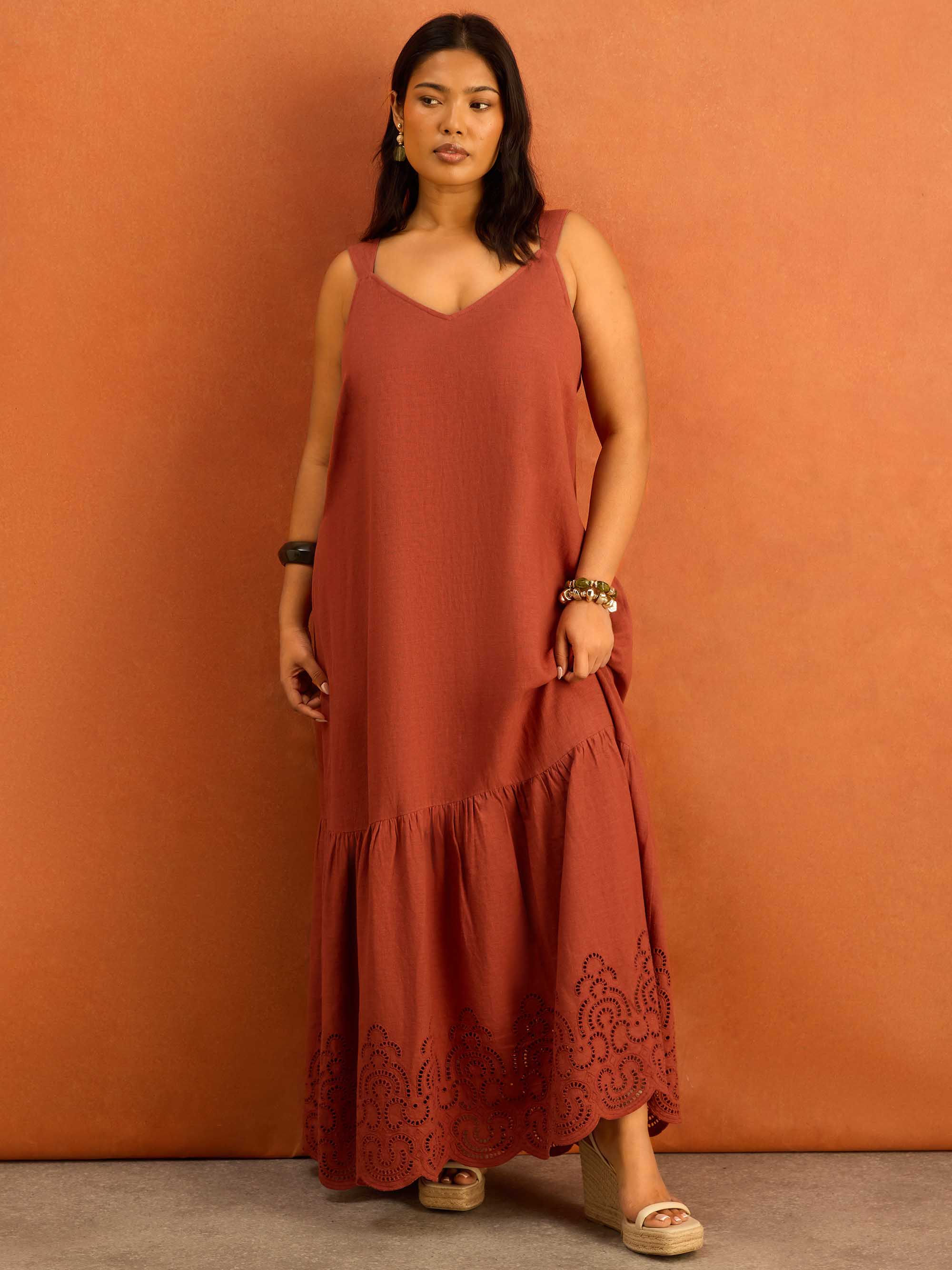 Terracotta Linen Blend Broderie Maxi Dress