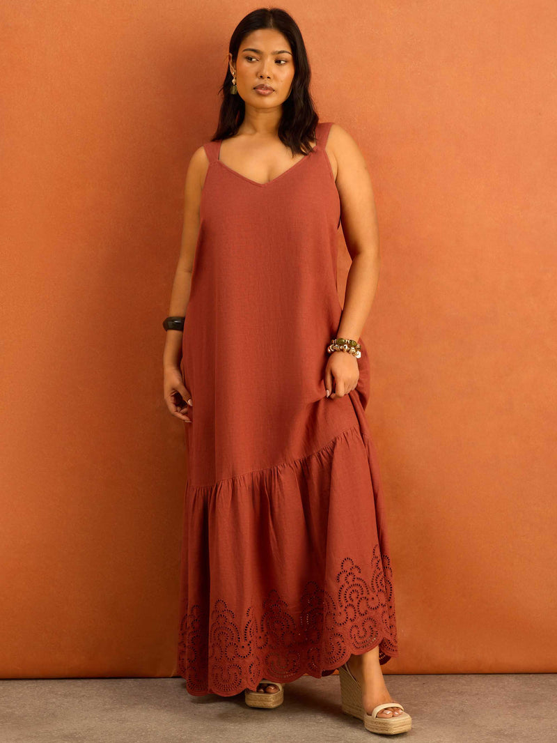 Terracotta Linen Blend Broderie Maxi Dress