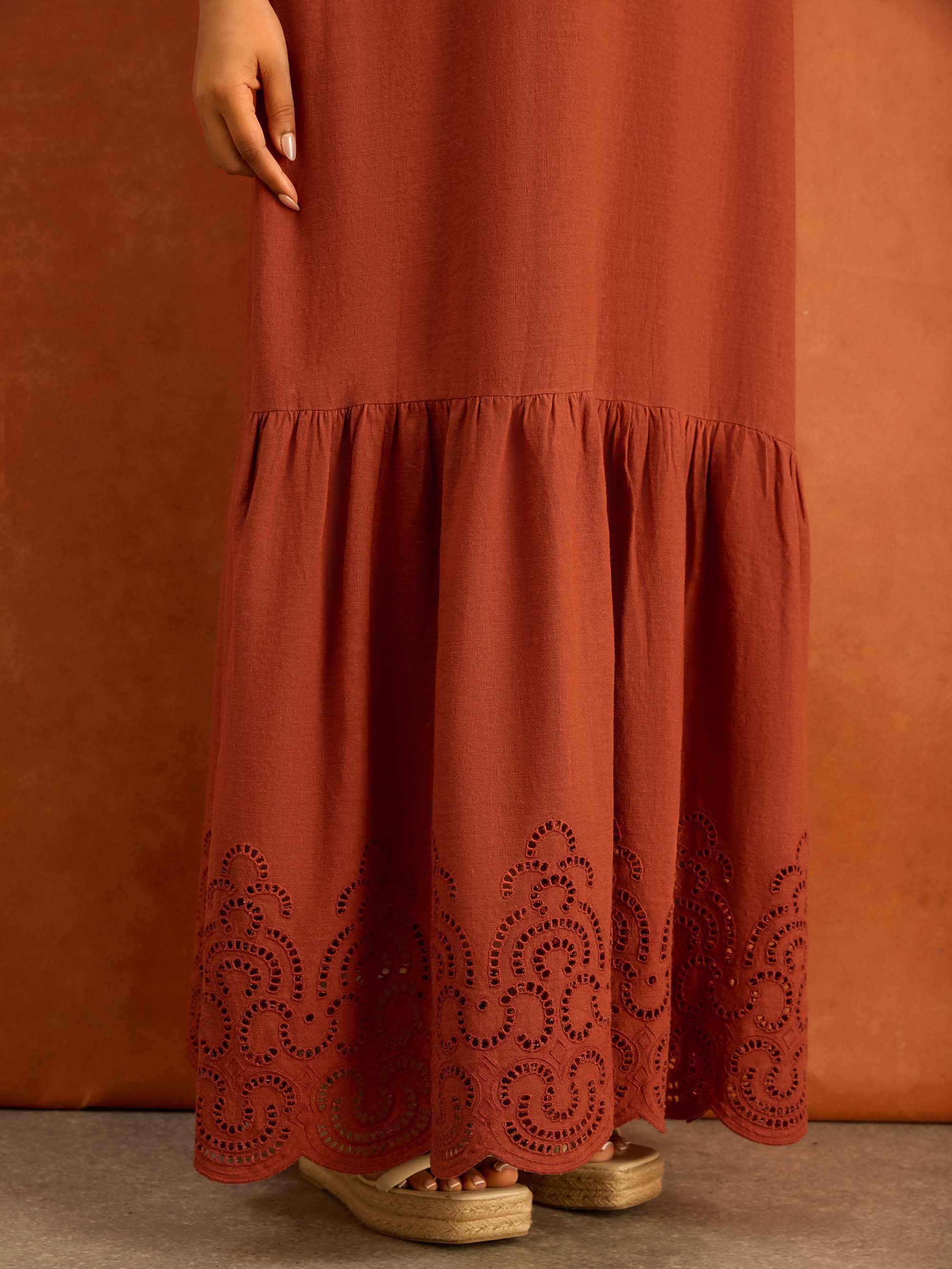 Terracotta Linen Blend Broderie Maxi Dress
