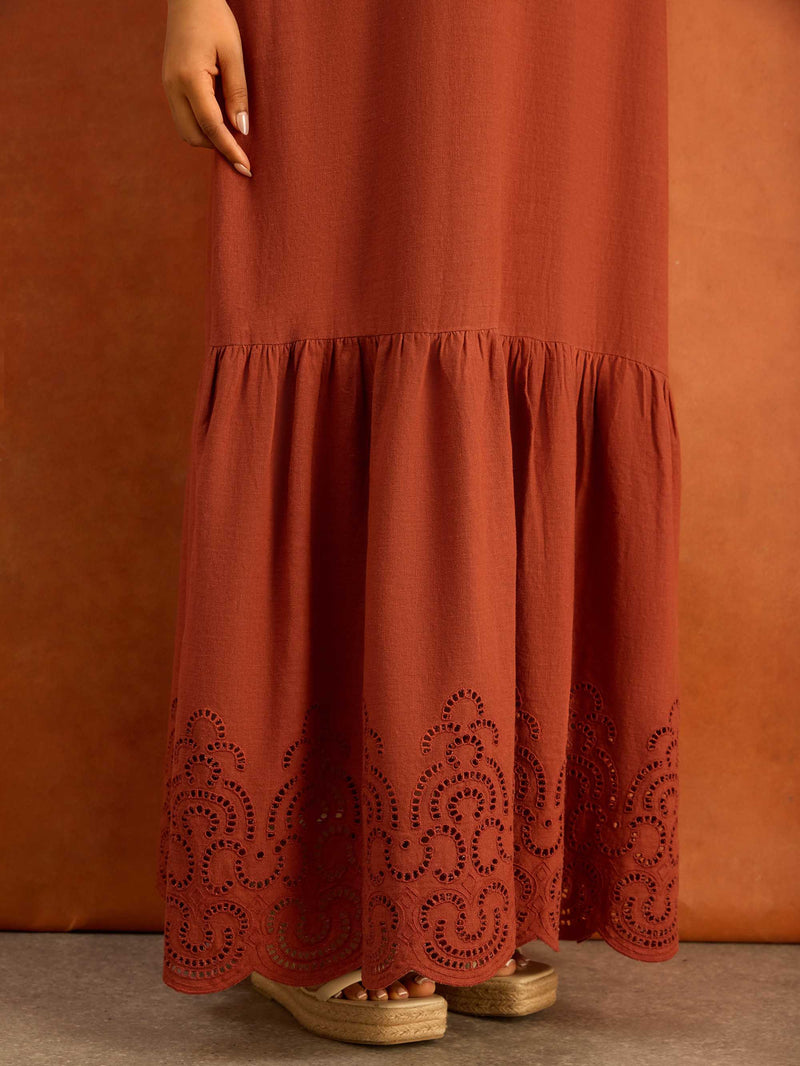 Terracotta Linen Blend Broderie Maxi Dress