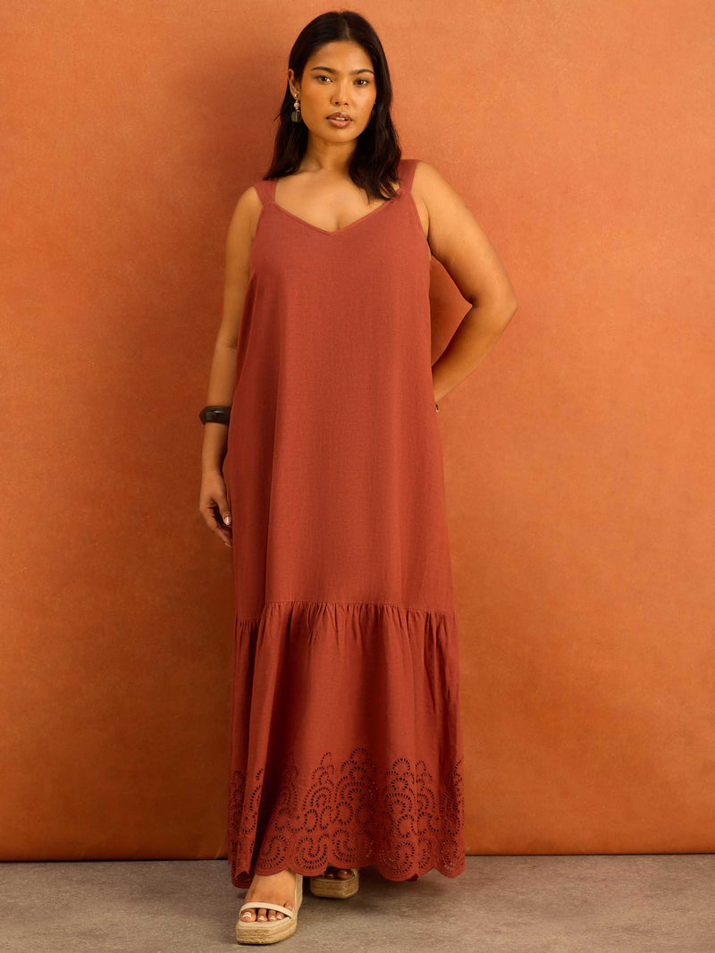 Terracotta Linen Blend Broderie Maxi Dress