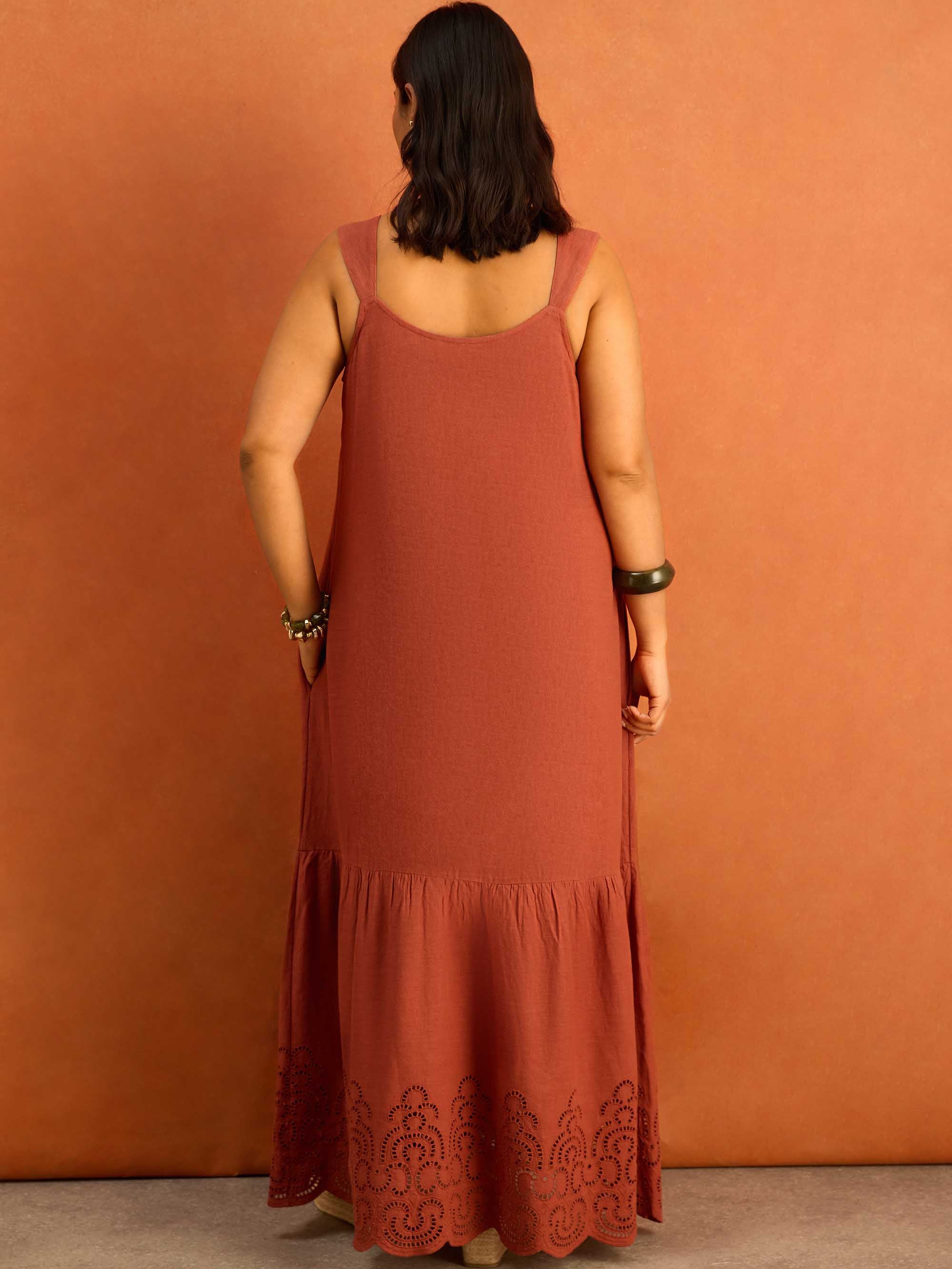Terracotta Linen Blend Broderie Maxi Dress