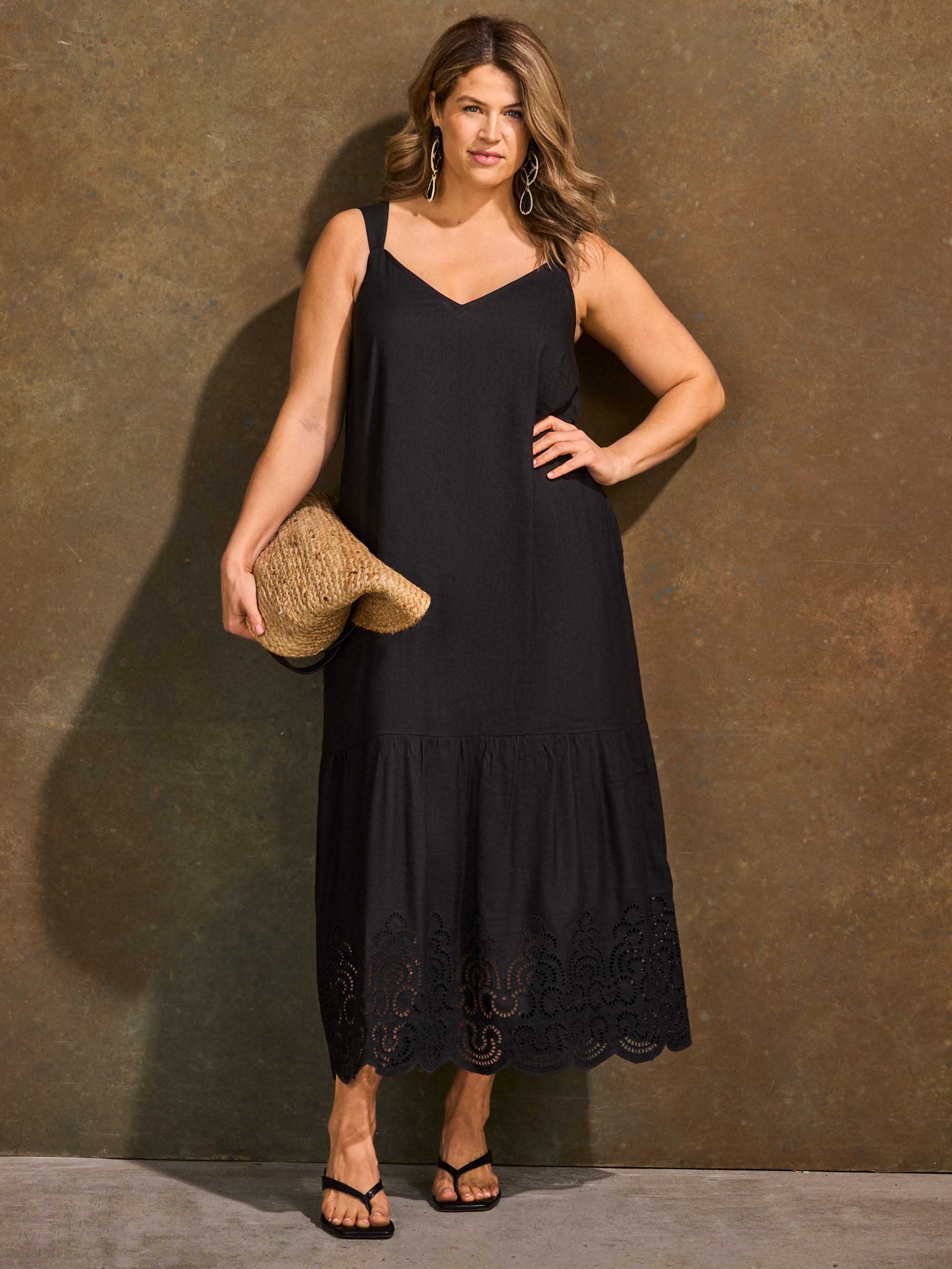 Black Linen Blend Broderie Maxi Dress