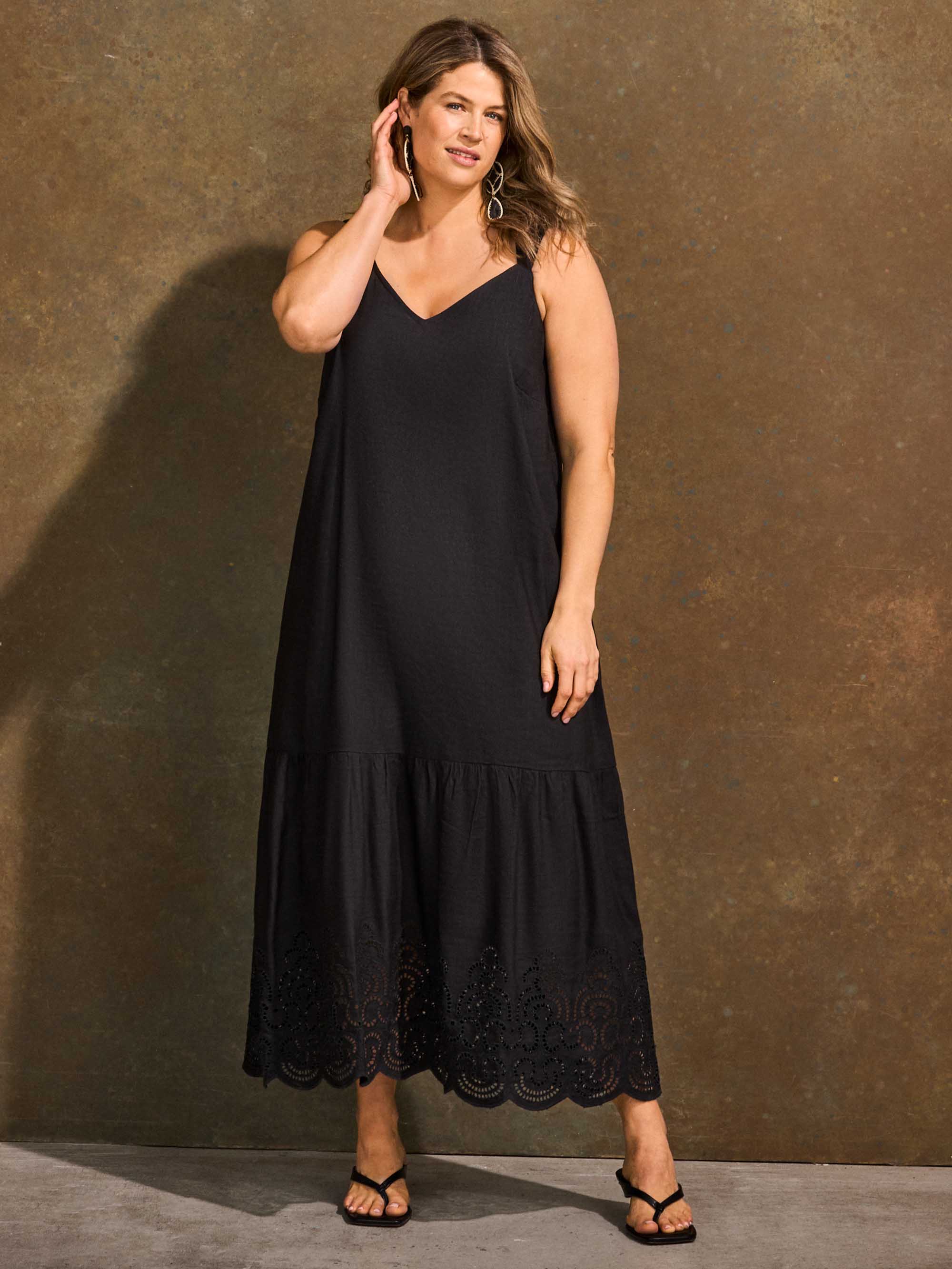 Black Linen Blend Broderie Maxi Dress