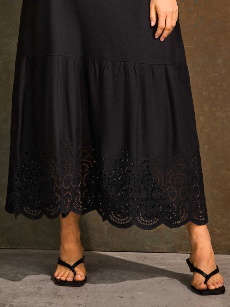 Black Linen Blend Broderie Maxi Dress