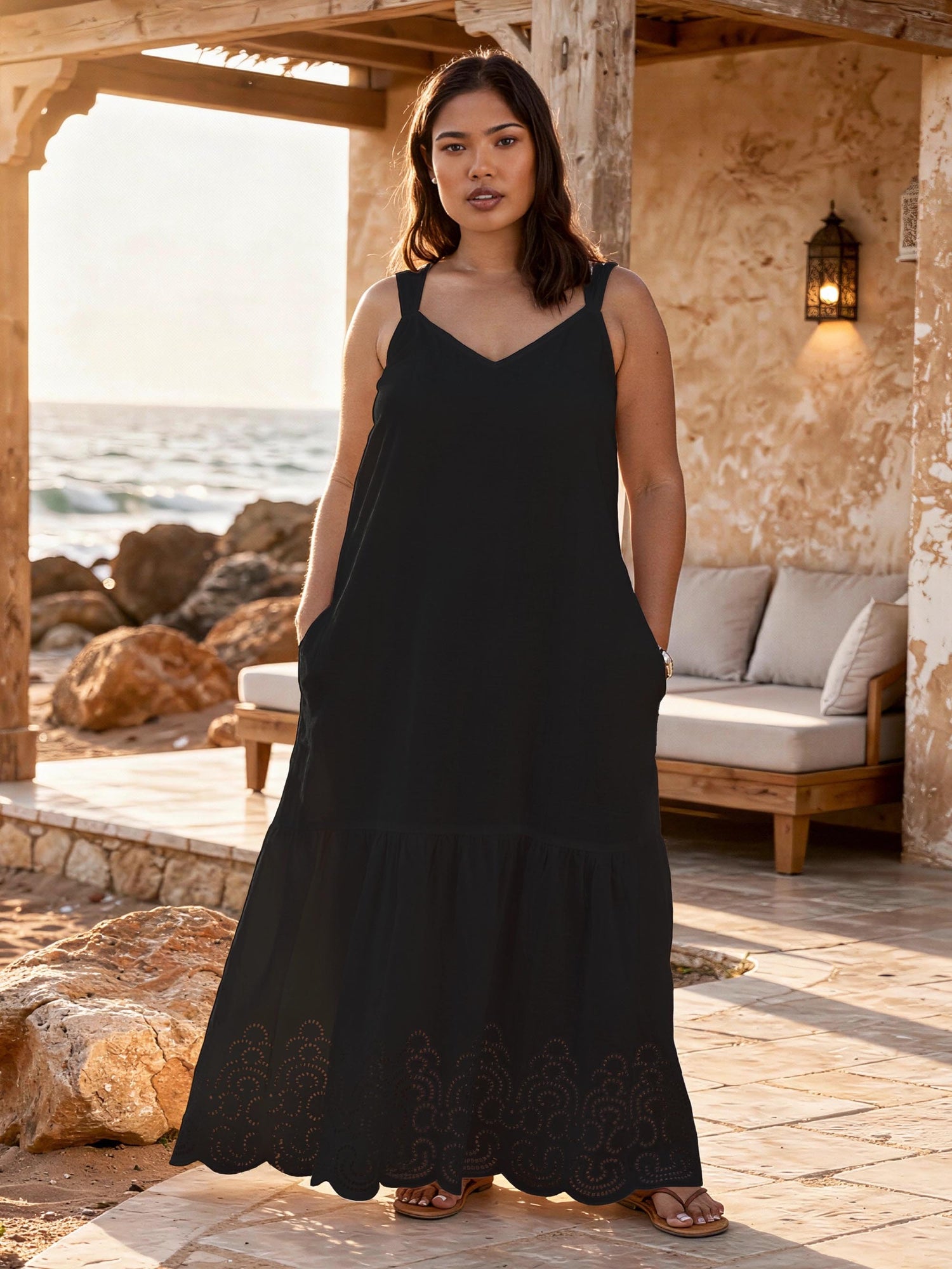 knee length dresses for ladies Petite Black Linen Blend Broderie Maxi Dress