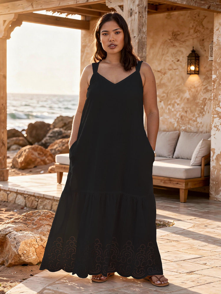 Black Linen Blend Broderie Maxi Dress