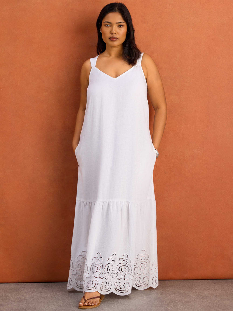 White Linen Blend Broderie Maxi Dress