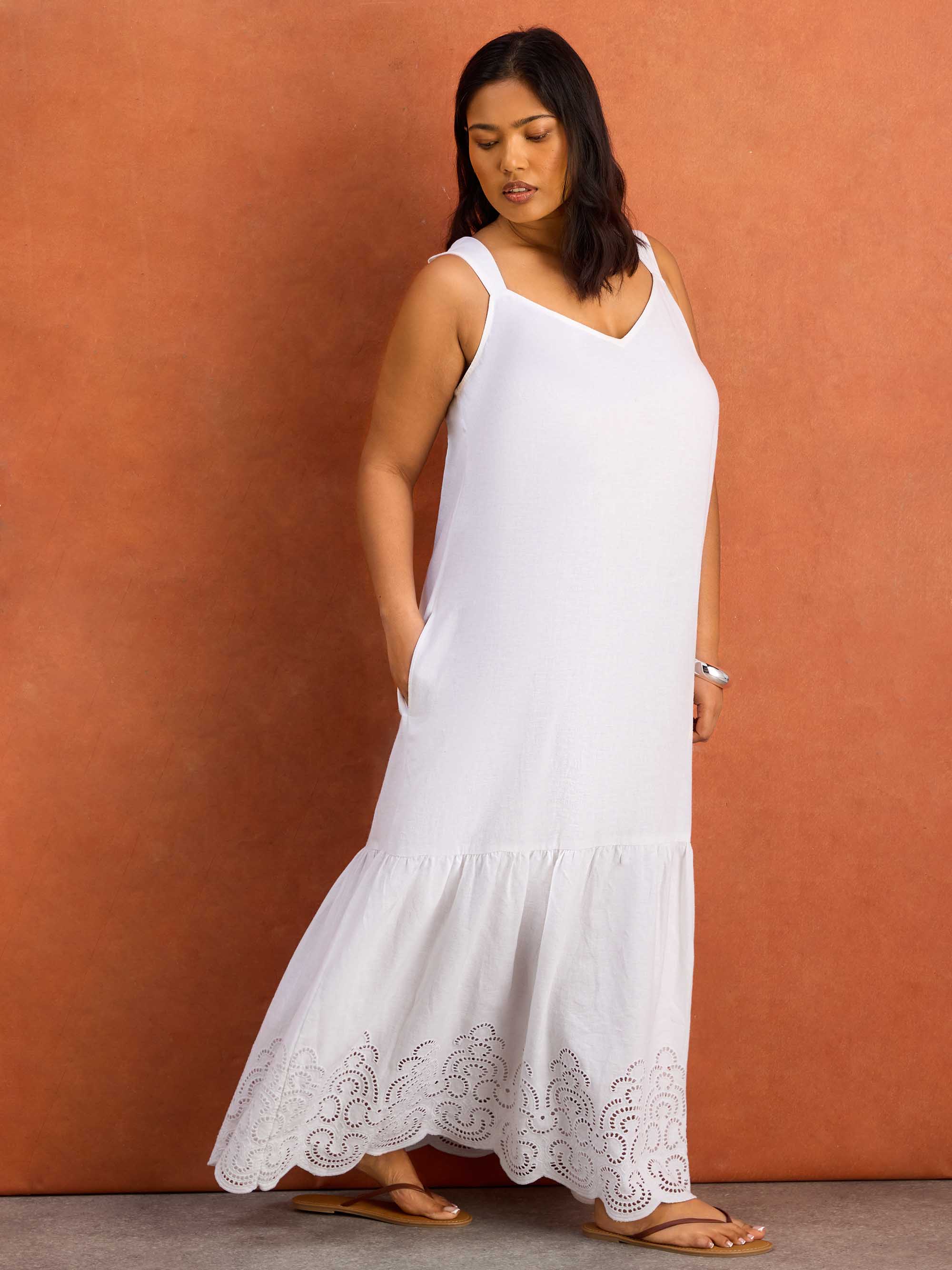 White Linen Blend Broderie Maxi Dress