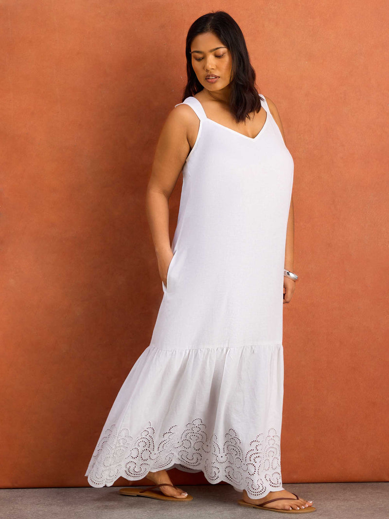 White Linen Blend Broderie Maxi Dress