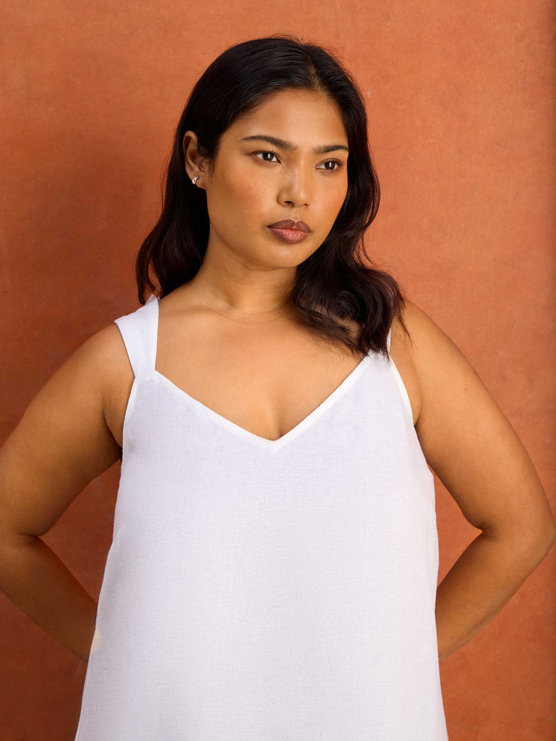 White Linen Blend Broderie Maxi Dress