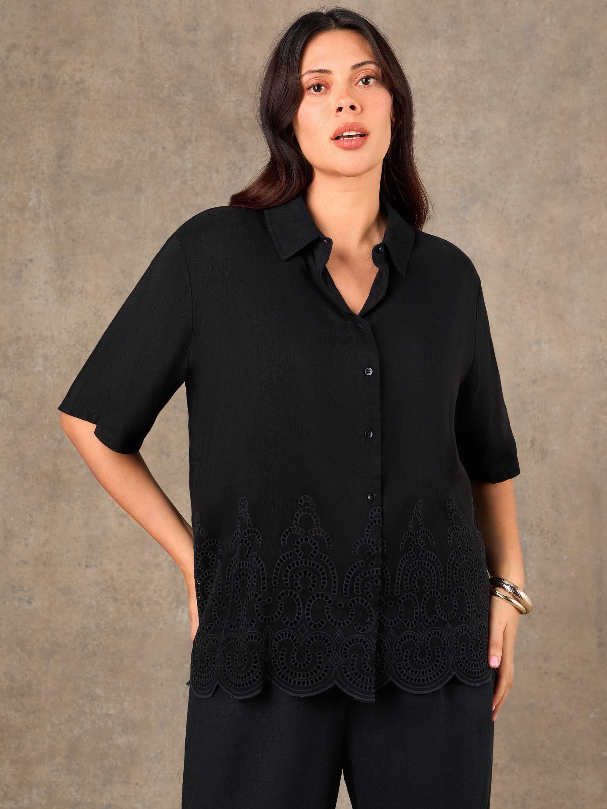 Black Linen Blend Broderie Shirt