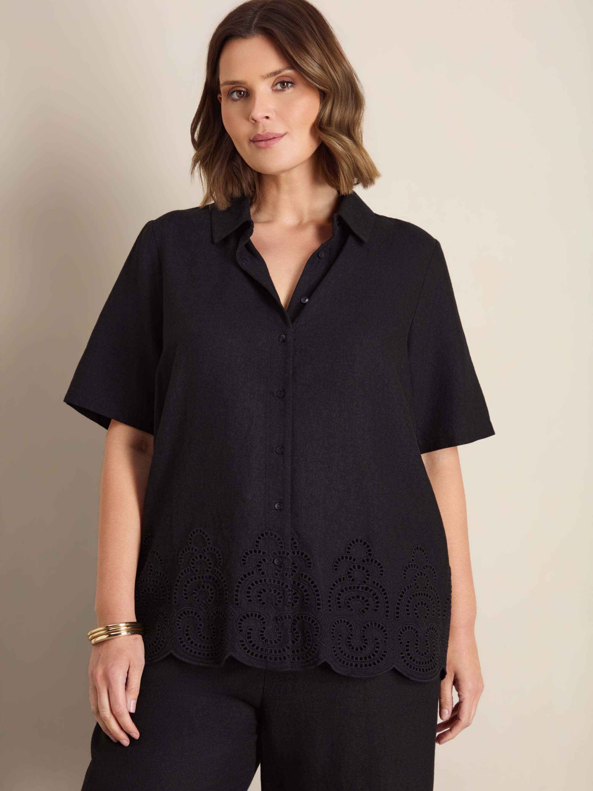 Black Linen Blend Broderie Shirt