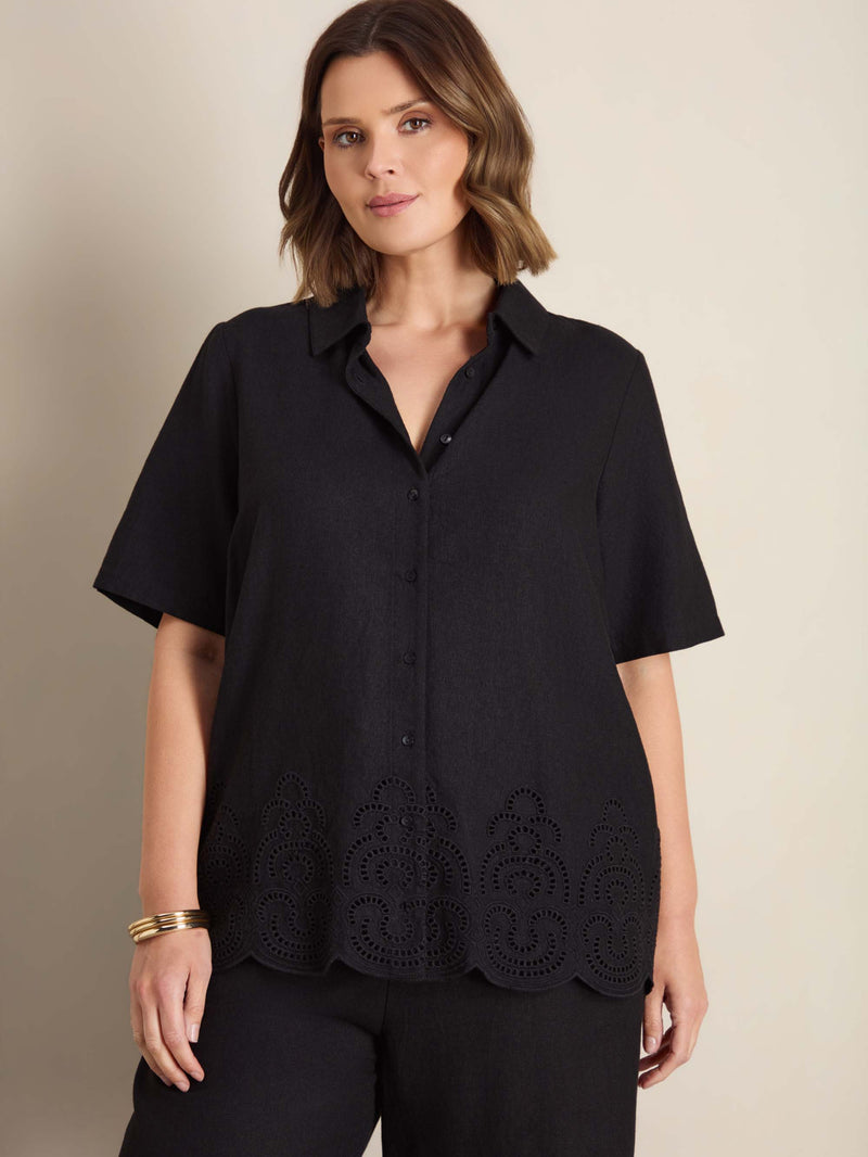 Black Linen Blend Broderie Shirt