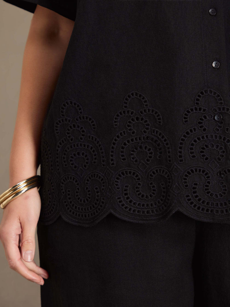 Black Linen Blend Broderie Shirt