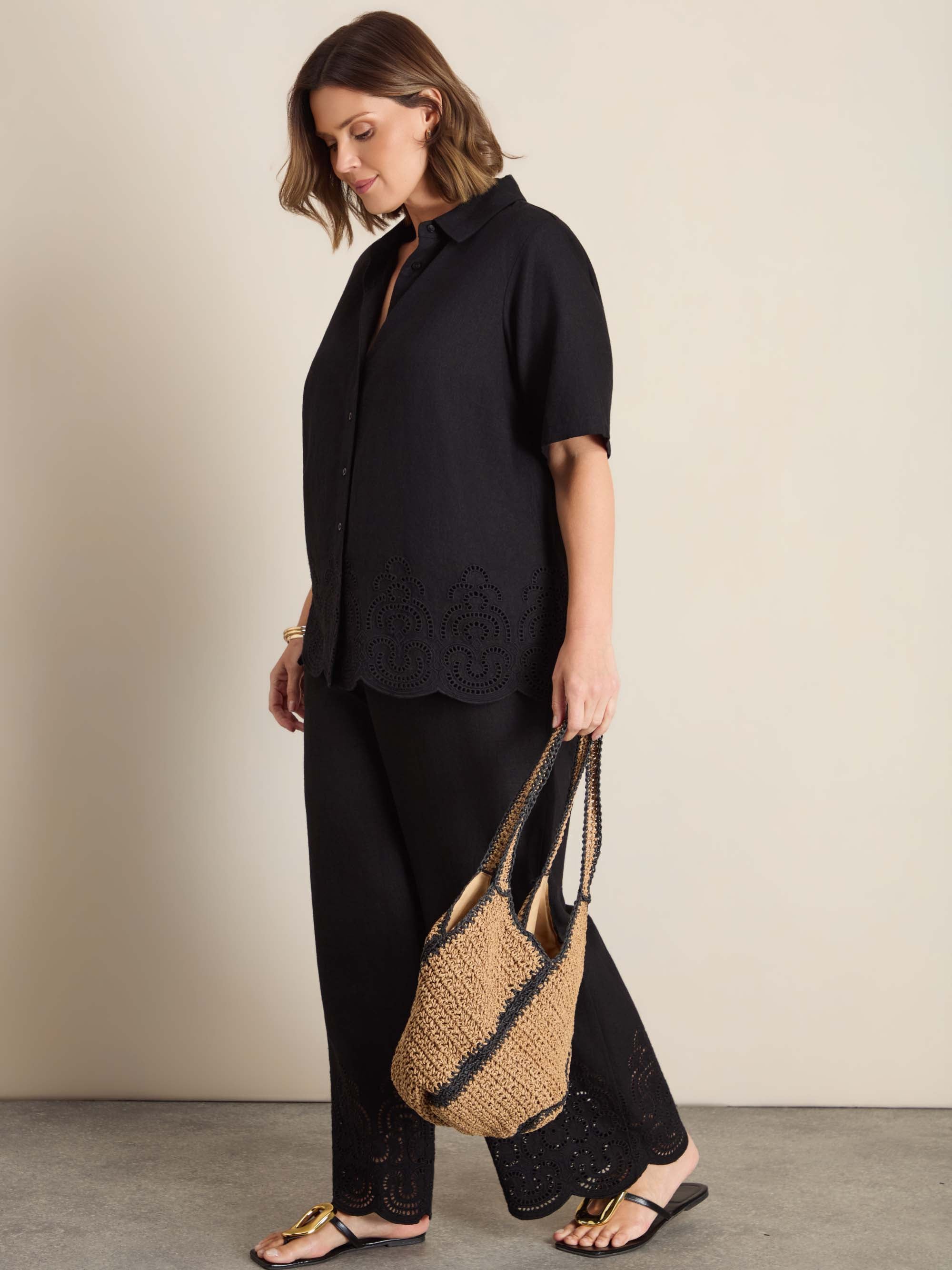 Black Linen Blend Broderie Shirt
