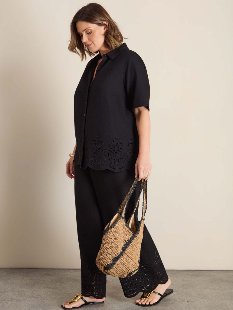 Black Linen Blend Broderie Shirt