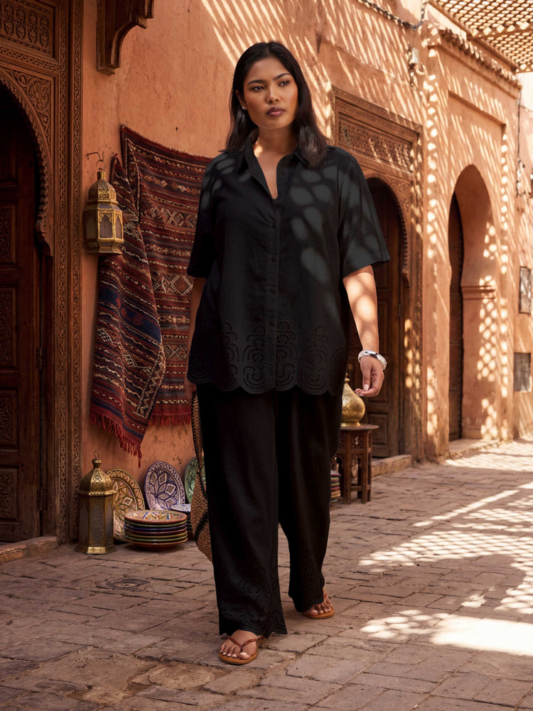 Black Linen Blend Broderie Trouser