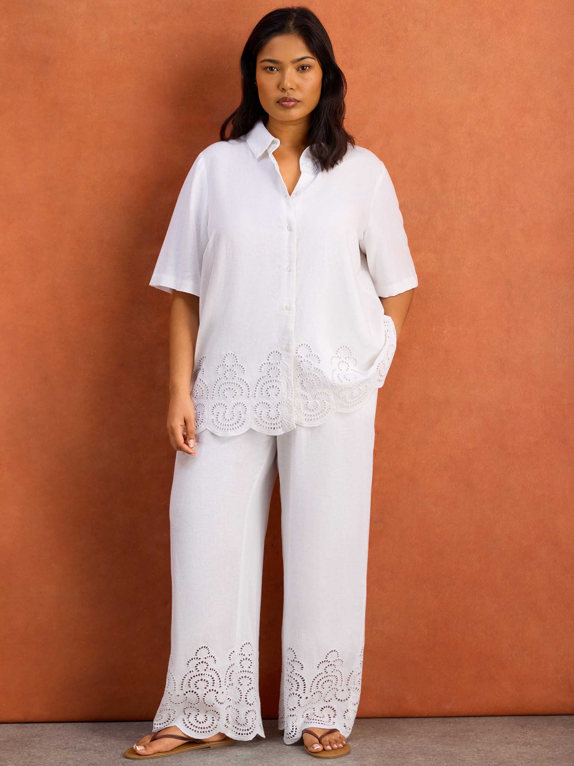 White Linen Blend Broderie Shirt