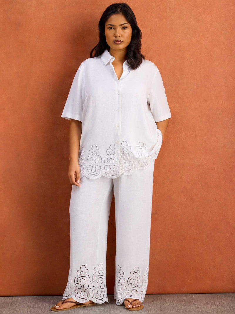 White Linen Blend Broderie Shirt