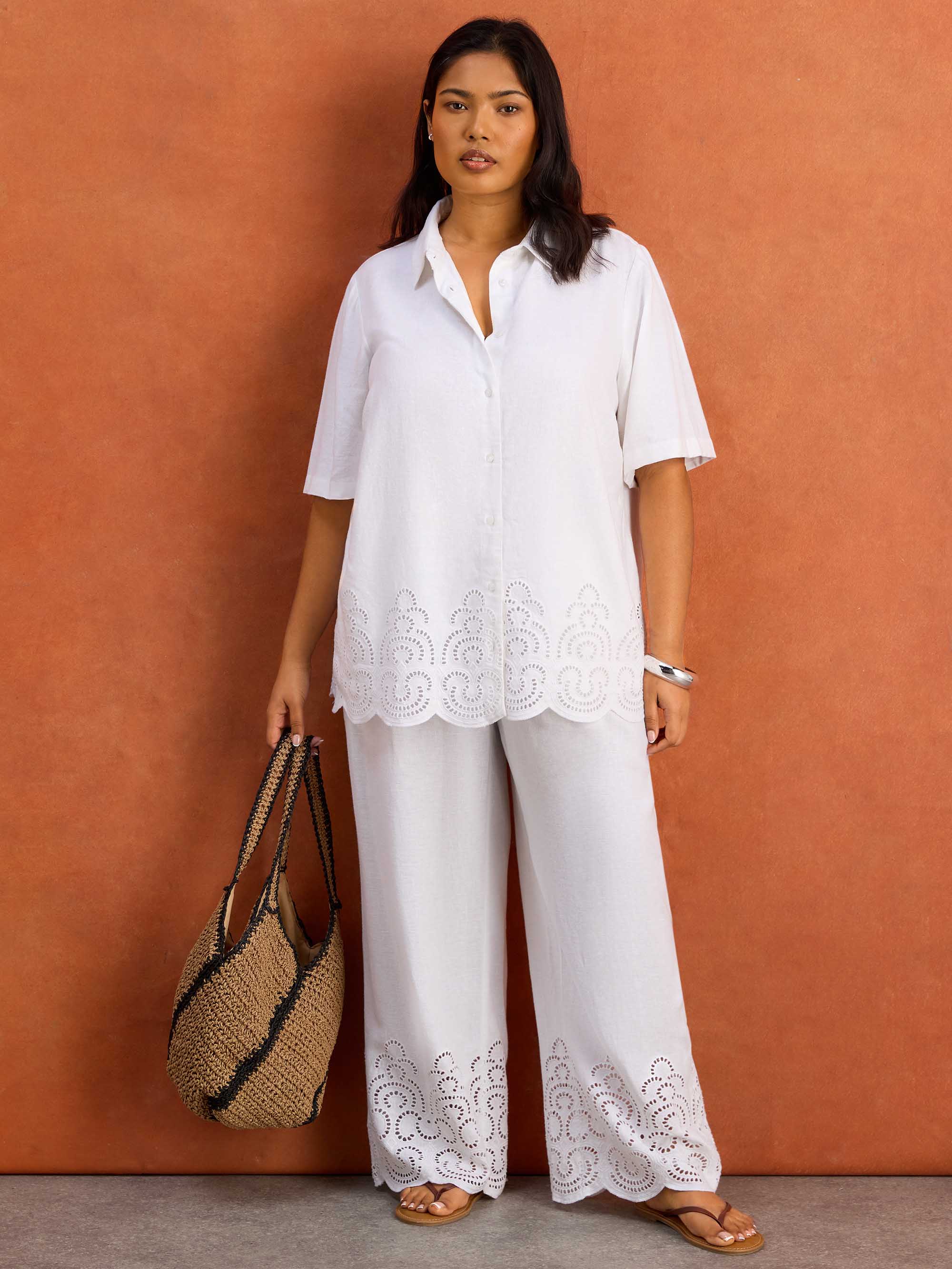 White Linen Blend Broderie Shirt