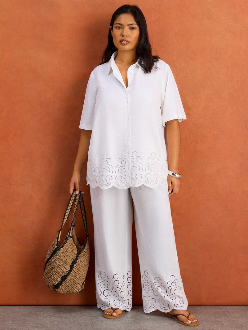 White Linen Blend Broderie Shirt