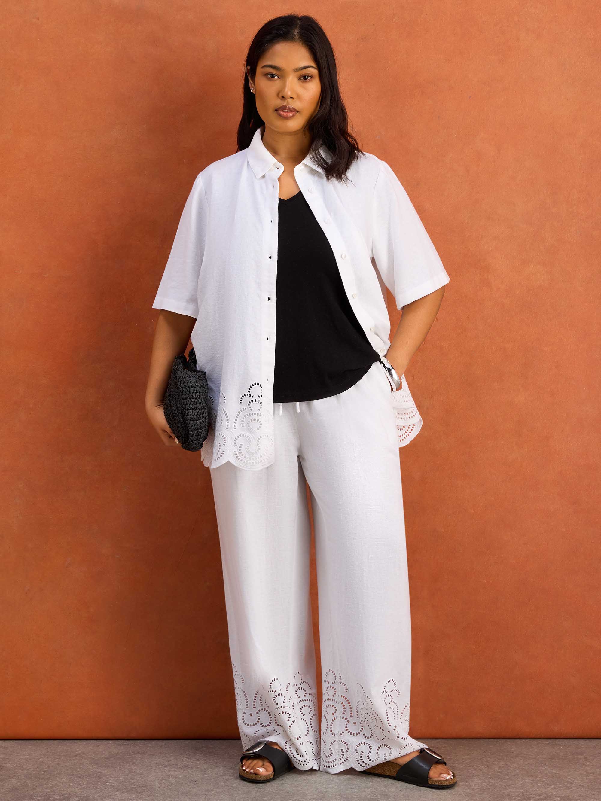 White Linen Blend Broderie Shirt