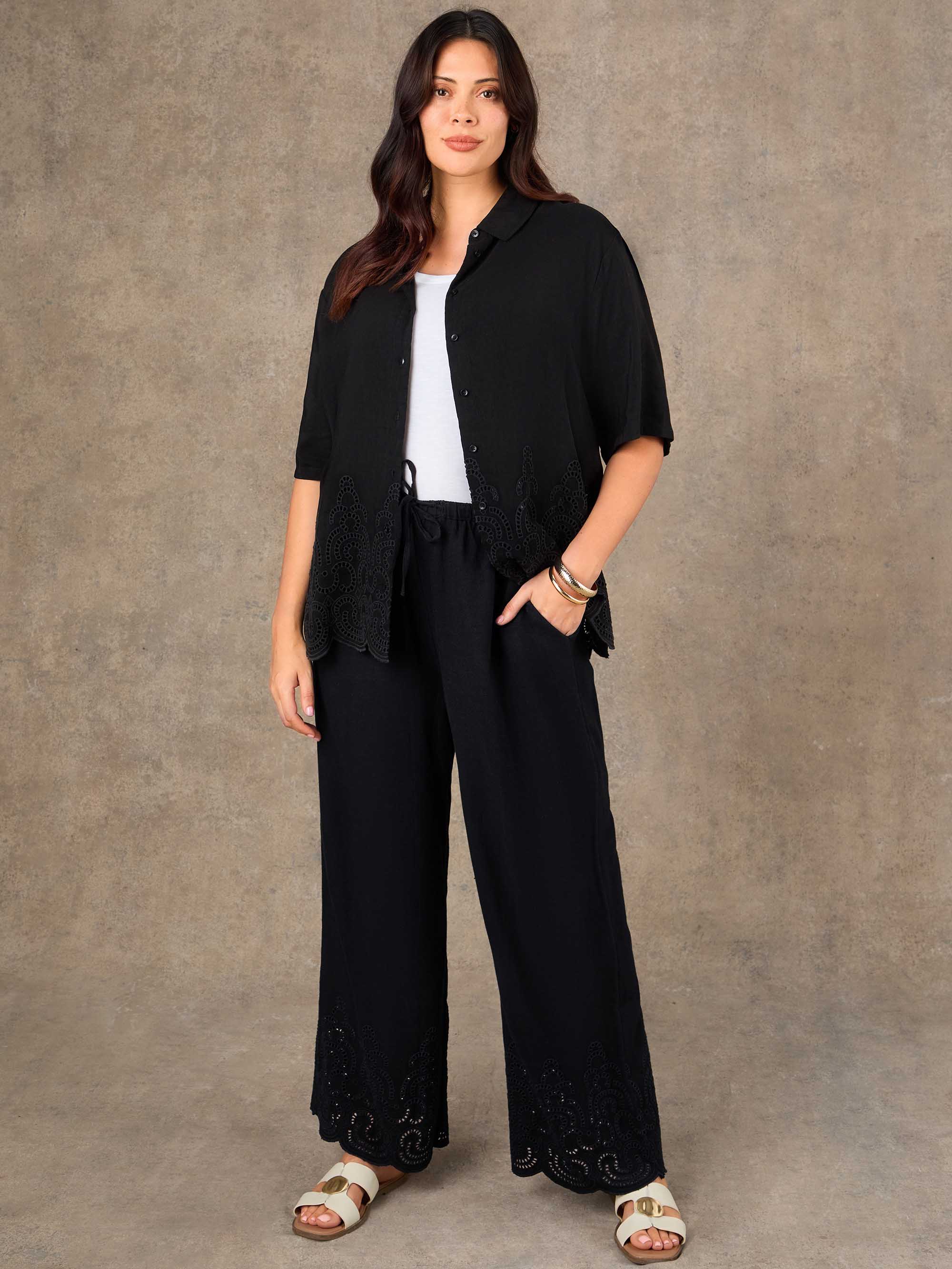 Black Linen Blend Broderie Trouser Resort Co-Ord