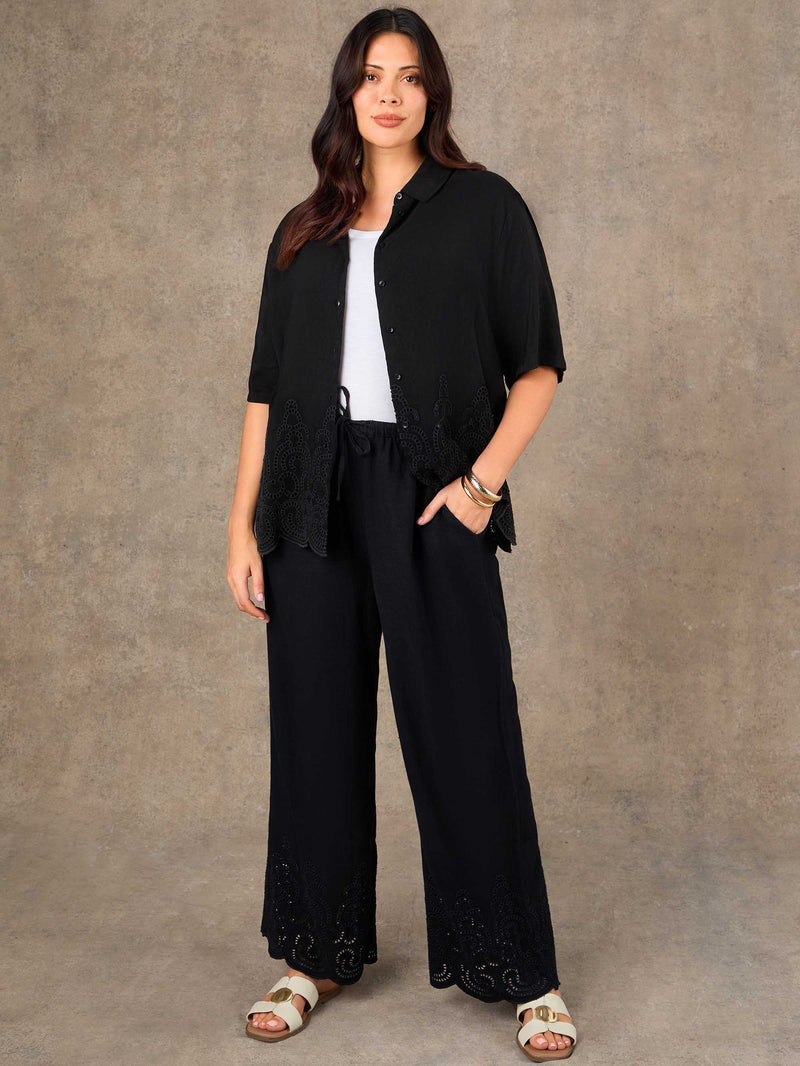 Black Linen Blend Broderie Trouser Resort Co-Ord