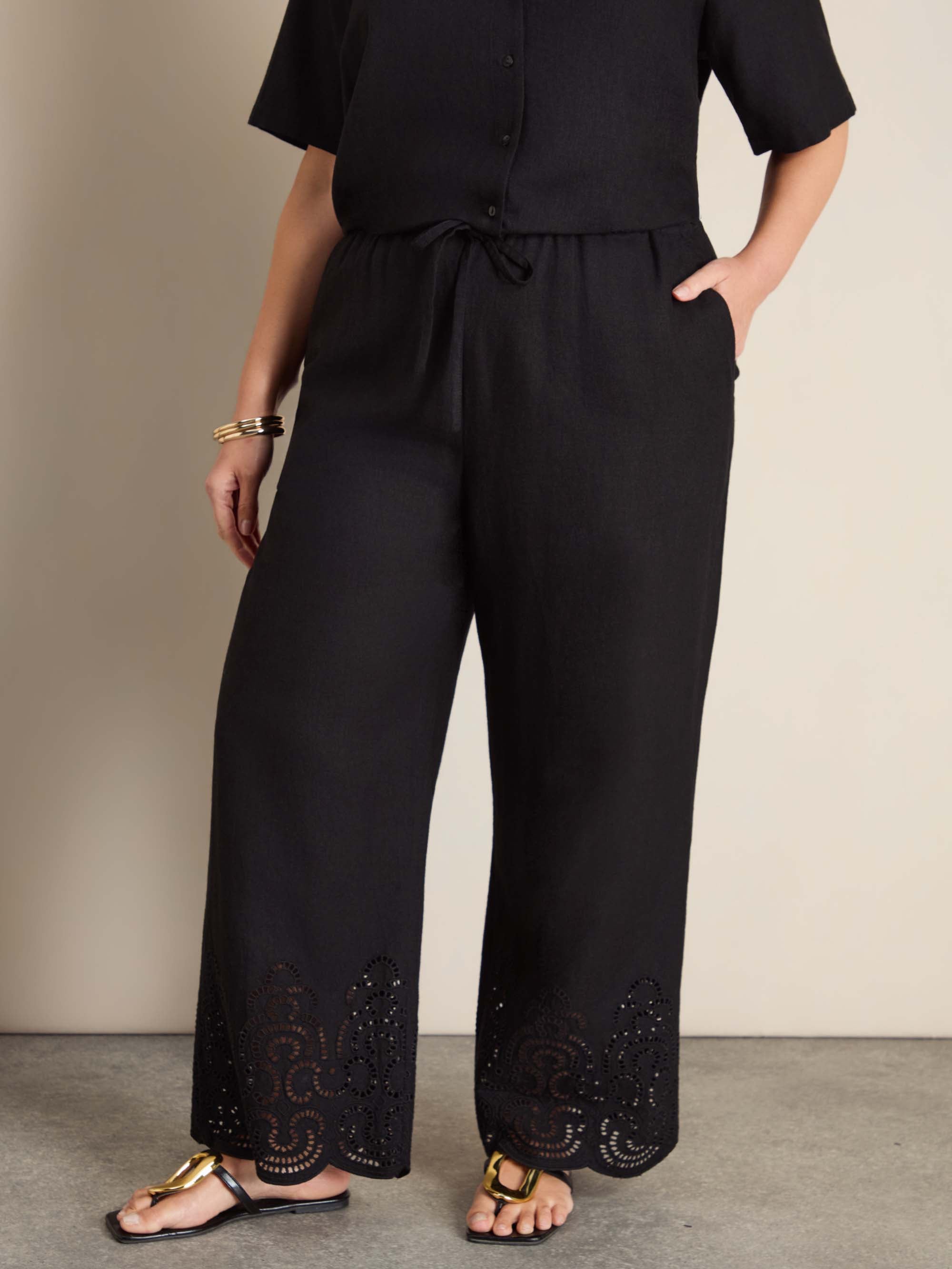 Black Linen Blend Broderie Trouser