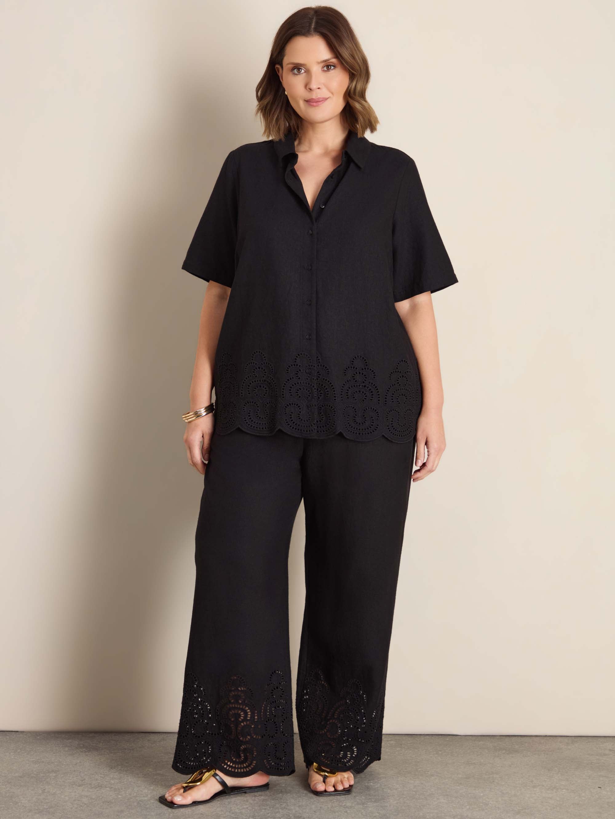 Black Linen Blend Broderie Trouser